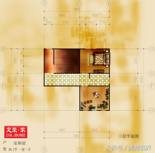 三層的農(nóng)村自建別墅戶型圖，帶車庫(kù)露臺(tái)，除了8個(gè)臥室，還設(shè)有會(huì)客廳、茶室、書房、娛樂室、休閑室等，外觀霸氣，功能齊備完美