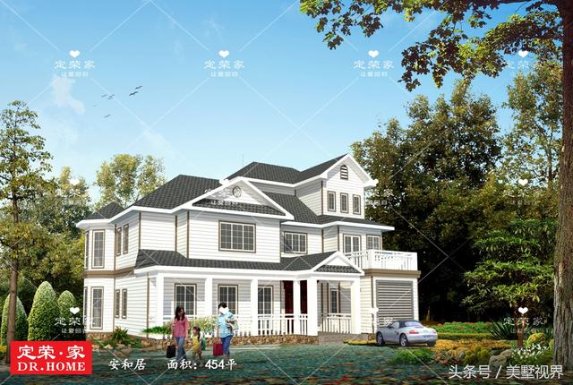 三層的農(nóng)村自建別墅戶型圖，帶車庫(kù)露臺(tái)，除了8個(gè)臥室，還設(shè)有會(huì)客廳、茶室、書房、娛樂室、休閑室等，外觀霸氣，功能齊備完美