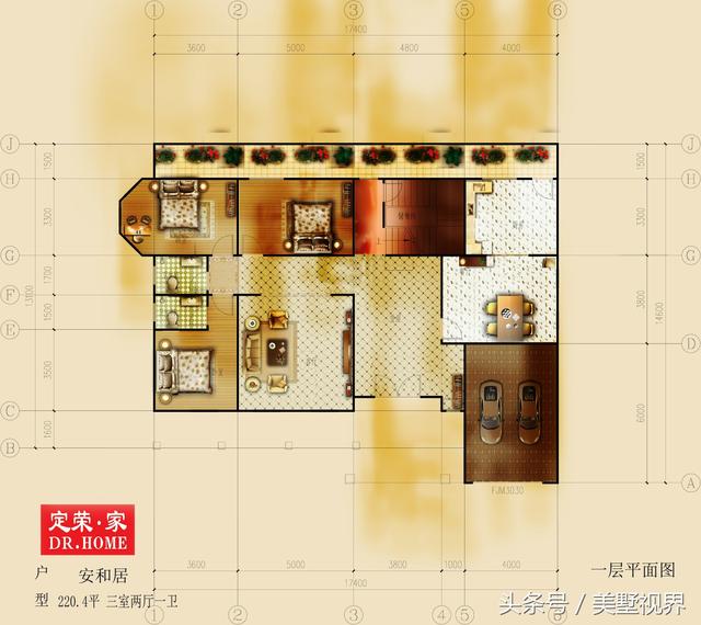 三層的農(nóng)村自建別墅戶型圖，帶車庫(kù)露臺(tái)，除了8個(gè)臥室，還設(shè)有會(huì)客廳、茶室、書房、娛樂室、休閑室等，外觀霸氣，功能齊備完美