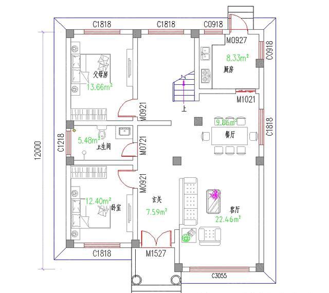 三層帶挑空客廳的農(nóng)村別墅設(shè)計(jì)圖，占地尺寸適中，主體造價(jià)30萬(wàn)左右。
