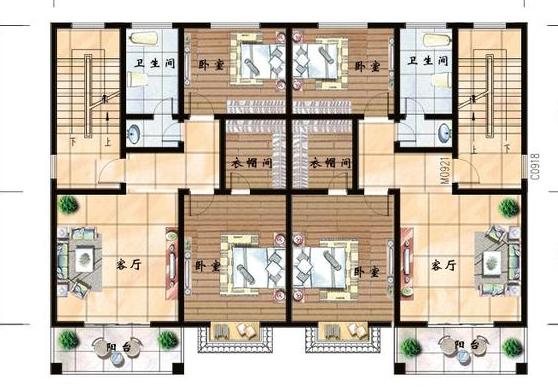 二層雙拼別墅設(shè)計(jì)圖，對(duì)稱(chēng)式設(shè)計(jì)和布局，增加建筑的整潔大氣感，主體造價(jià)40萬(wàn)。