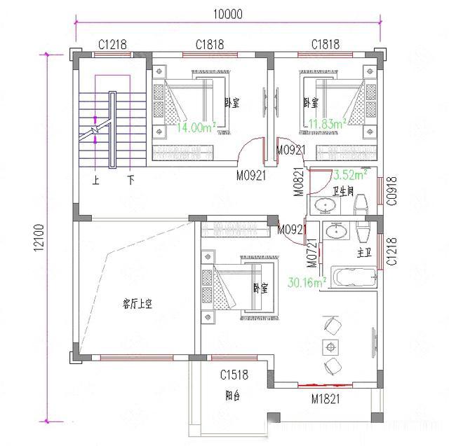三層簡歐新農(nóng)村自建房設(shè)計圖，開間進深10米×12.1米，外觀富氣華貴。