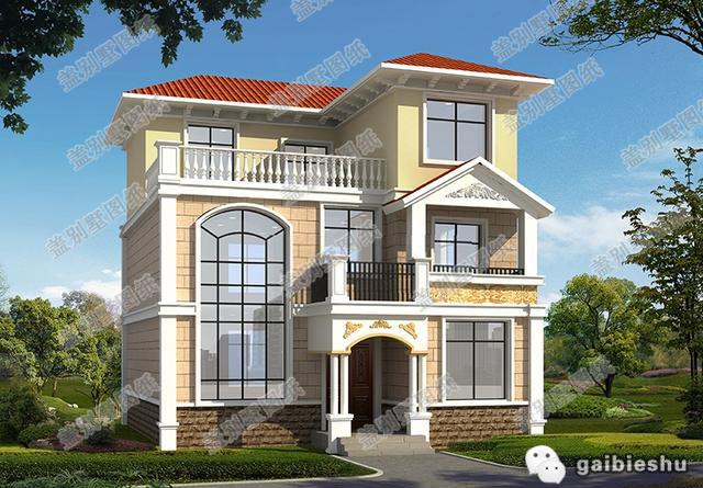 三層簡歐新農(nóng)村自建房設(shè)計圖，開間進深10米×12.1米，外觀富氣華貴。