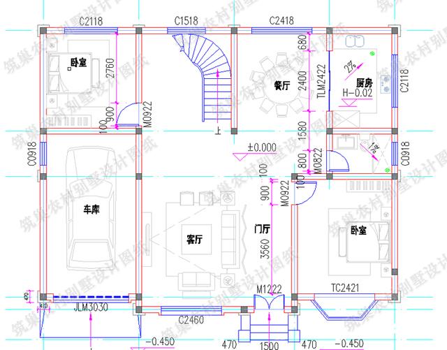 二層農(nóng)村別墅設(shè)計圖，帶旋轉(zhuǎn)樓梯+挑空客廳車庫套間，造價30萬