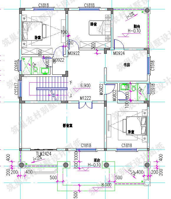 復(fù)式四層農(nóng)村別墅全套施工效果圖，大氣漂亮，12×16米4廳9臥，設(shè)計(jì)感十足