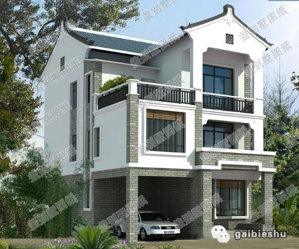 傳統(tǒng)中式風格三層別墅設計圖，帶車庫，帶后院