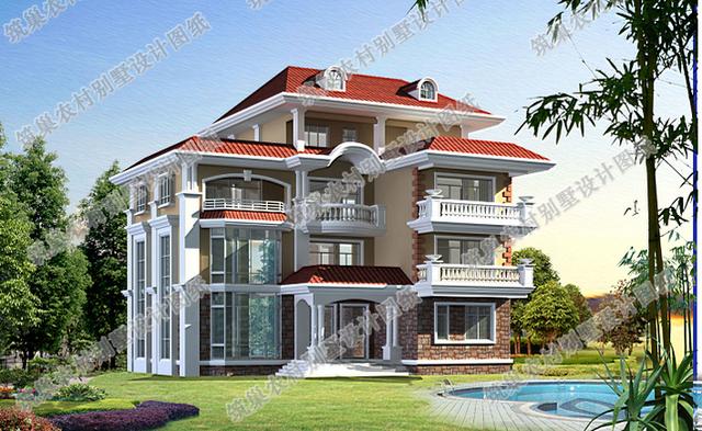 四層農(nóng)村別墅全套CAD設(shè)計(jì)施工效果圖，大客廳挑空設(shè)計(jì)，套間臥室