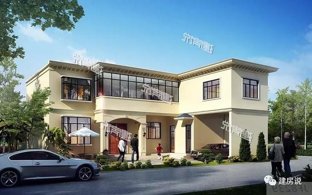 三款農(nóng)村自建別墅設(shè)計(jì)圖，帶露臺(tái)和院子，一家人坐在院子里其樂(lè)融融