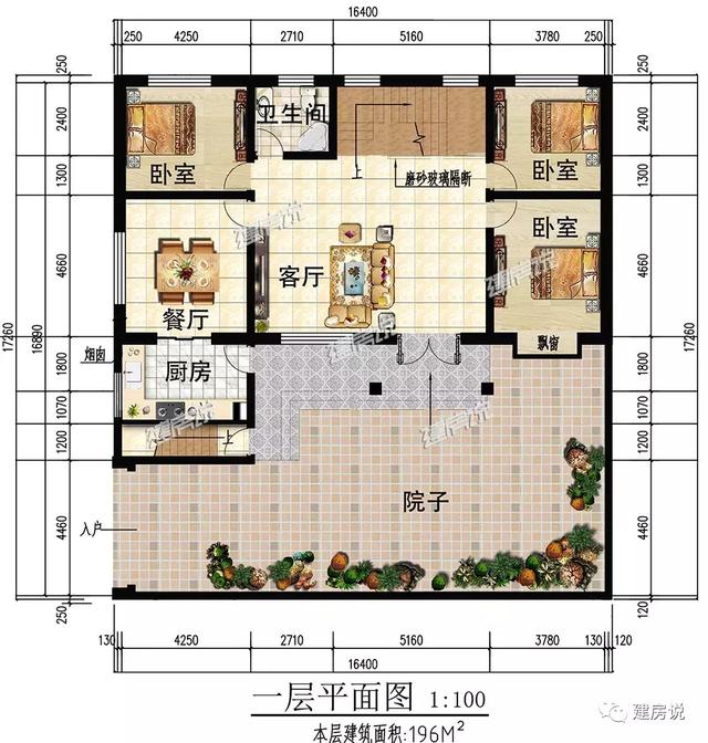 三款農(nóng)村自建別墅設(shè)計(jì)圖，帶露臺(tái)和院子，一家人坐在院子里其樂(lè)融融