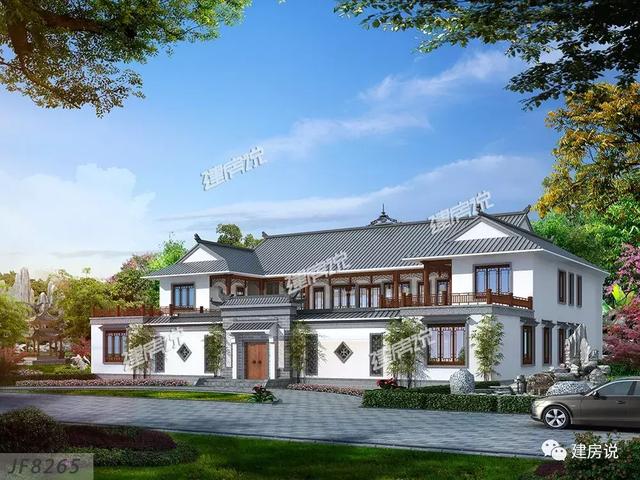 三款農(nóng)村自建別墅設(shè)計(jì)圖，帶露臺(tái)和院子，一家人坐在院子里其樂(lè)融融