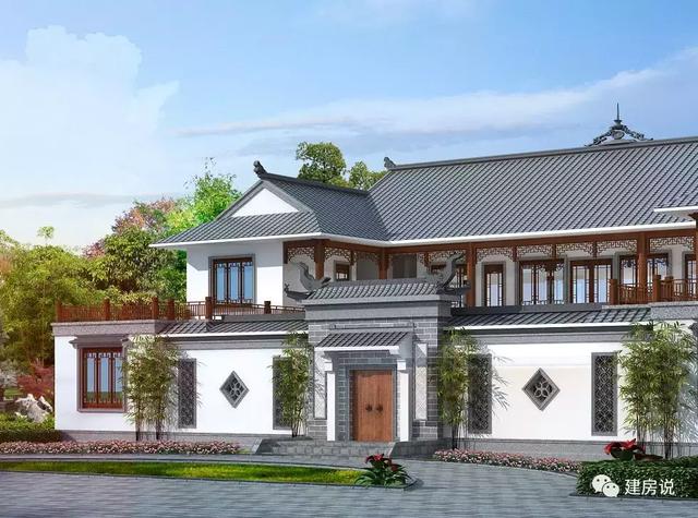 三款農(nóng)村自建別墅設(shè)計(jì)圖，帶露臺(tái)和院子，一家人坐在院子里其樂(lè)融融