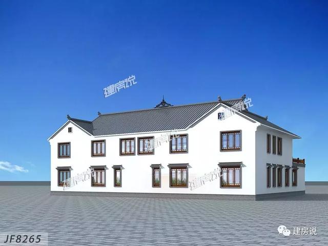 三款農(nóng)村自建別墅設(shè)計(jì)圖，帶露臺(tái)和院子，一家人坐在院子里其樂(lè)融融