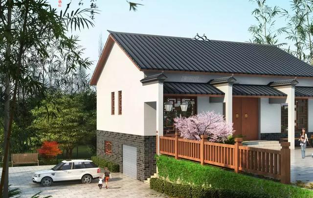 三款農(nóng)村自建別墅設(shè)計(jì)圖，帶露臺(tái)和院子，一家人坐在院子里其樂(lè)融融