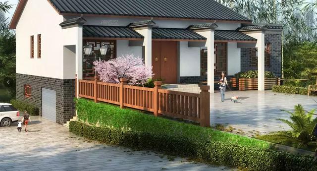 三款農(nóng)村自建別墅設(shè)計(jì)圖，帶露臺(tái)和院子，一家人坐在院子里其樂(lè)融融