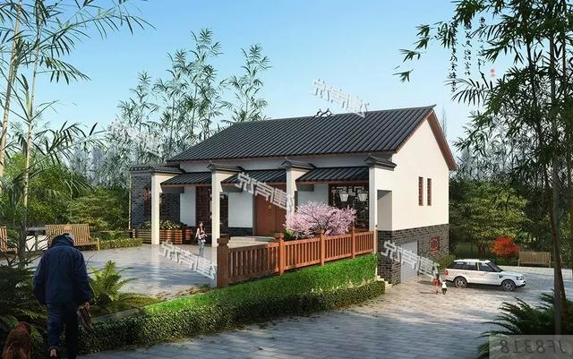 三款農(nóng)村自建別墅設(shè)計(jì)圖，帶露臺(tái)和院子，一家人坐在院子里其樂(lè)融融