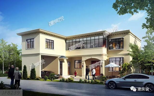 三款農(nóng)村自建別墅設(shè)計(jì)圖，帶露臺(tái)和院子，一家人坐在院子里其樂(lè)融融