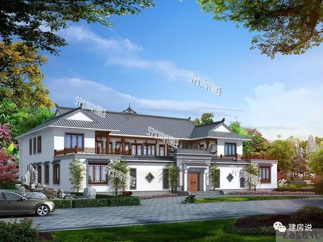 三款農(nóng)村自建別墅設(shè)計(jì)圖，帶露臺(tái)和院子，一家人坐在院子里其樂(lè)融融