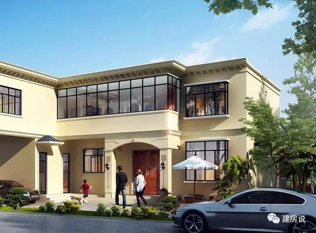 三款農(nóng)村自建別墅設(shè)計(jì)圖，帶露臺(tái)和院子，一家人坐在院子里其樂(lè)融融