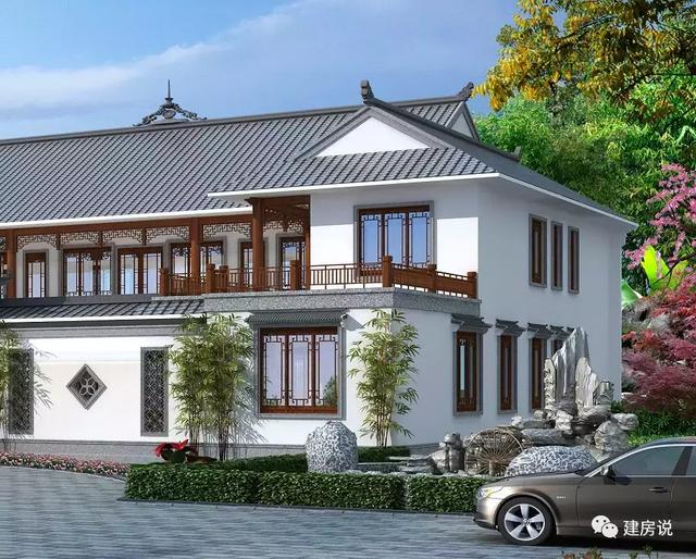 三款農(nóng)村自建別墅設(shè)計(jì)圖，帶露臺(tái)和院子，一家人坐在院子里其樂(lè)融融