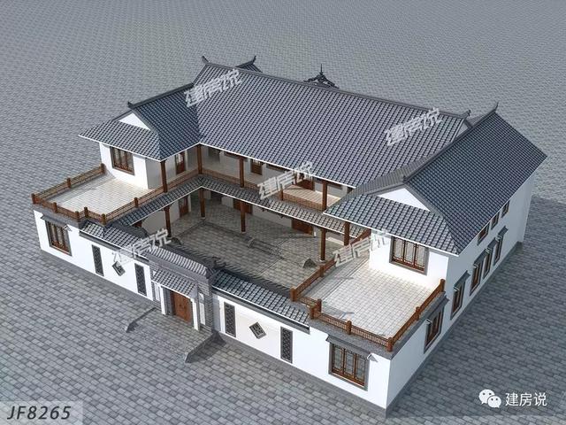 三款農(nóng)村自建別墅設(shè)計(jì)圖，帶露臺(tái)和院子，一家人坐在院子里其樂(lè)融融