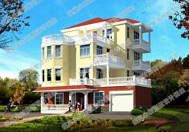 四層帶車庫露臺花園農(nóng)村別墅施工設(shè)計效果圖，造價50萬，外觀富有立體感