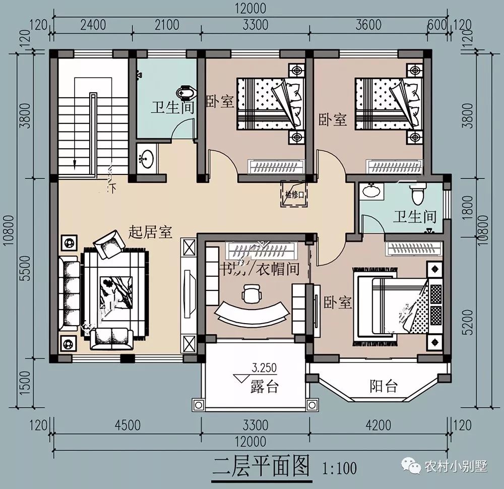 12X11米美式雙層農(nóng)村別墅設(shè)計圖，落地采光窗+坡屋頂
