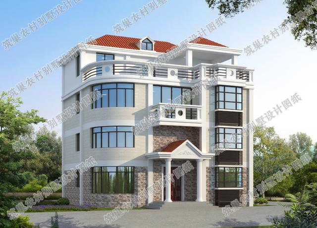 四層農(nóng)村別墅設(shè)計(jì)圖，占地121平方米，外觀簡(jiǎn)潔大氣，帶挑空客廳，造價(jià)40萬(wàn)。