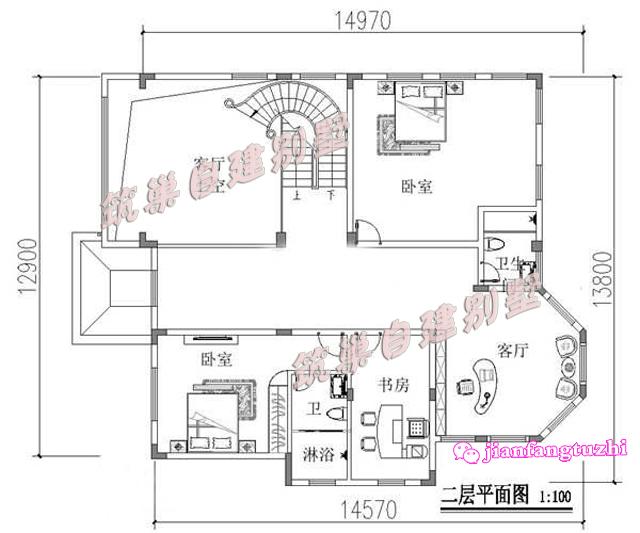 三層15x13米中空農(nóng)村自建框架結(jié)構(gòu)別墅設(shè)計(jì)圖，帶旋轉(zhuǎn)樓梯，簡(jiǎn)單實(shí)用。