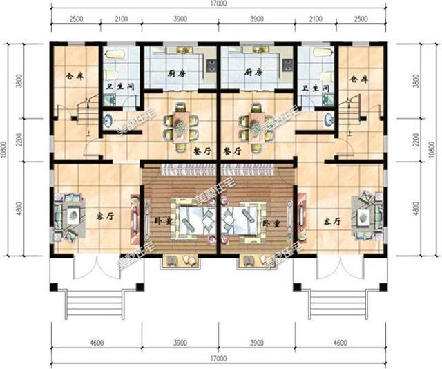 農(nóng)村三層雙拼別墅設(shè)計(jì)圖，開(kāi)間17米，豪華大氣上檔次，家有兩兄弟的首選！