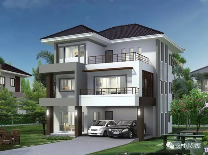 10X12米雙車庫(kù)三層農(nóng)村別墅圖，時(shí)尚外觀，車多也不怕