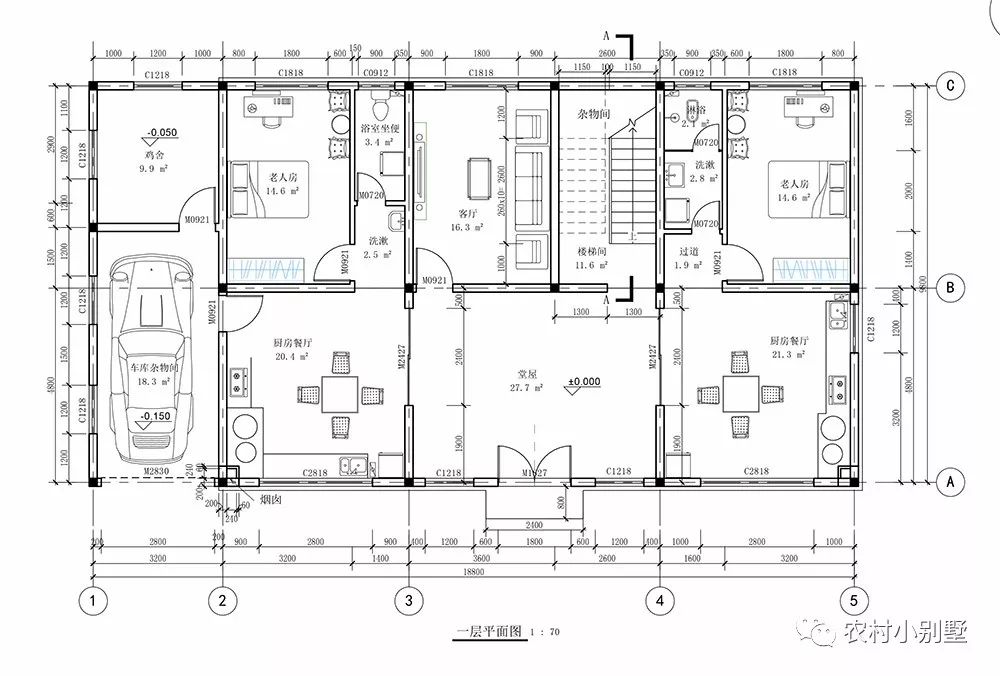 18.8x10米兩層農(nóng)村住宅圖，挑空客廳配獨立車庫