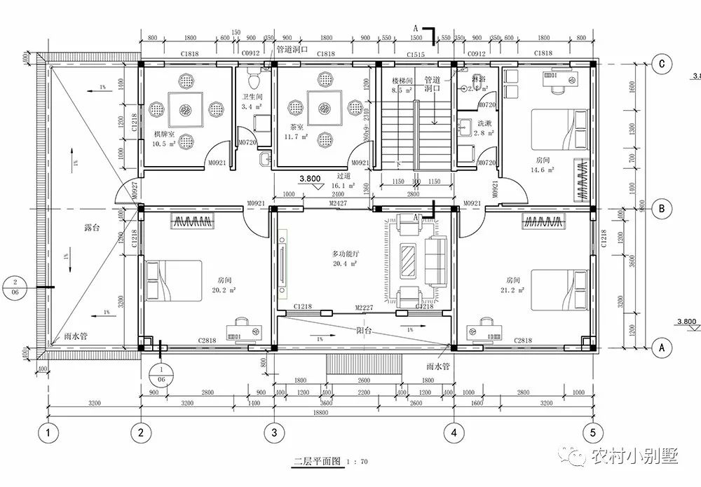 18.8x10米兩層農(nóng)村住宅圖，挑空客廳配獨立車庫