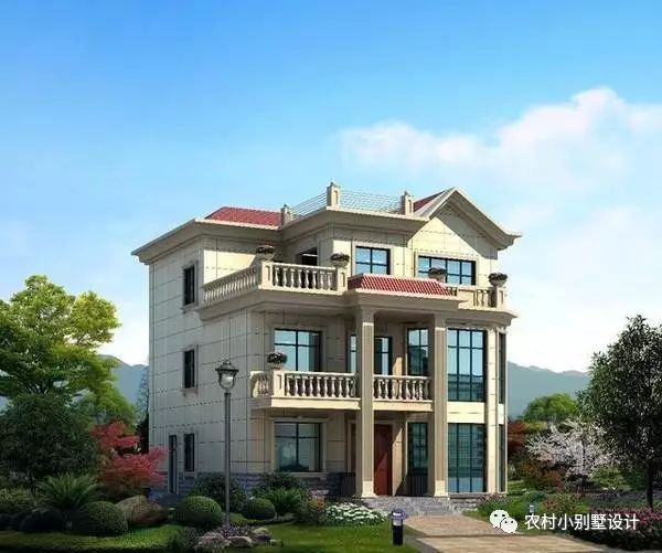 11*11.5三層復(fù)式住宅設(shè)計(jì)圖，淺色真石漆配紅色屋頂，有氣質(zhì)