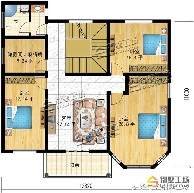 占地147平的三層別墅設(shè)計(jì)圖，帶車庫(kù)，有7間臥室，2個(gè)多功能室。