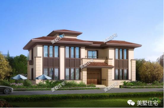 二層中式別墅設(shè)計(jì)圖，帶庭院有涼亭，保留傳統(tǒng)又融合了現(xiàn)代風(fēng)格