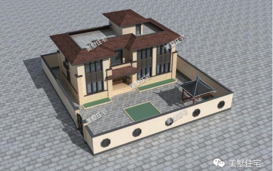 二層中式別墅設(shè)計(jì)圖，帶庭院有涼亭，保留傳統(tǒng)又融合了現(xiàn)代風(fēng)格