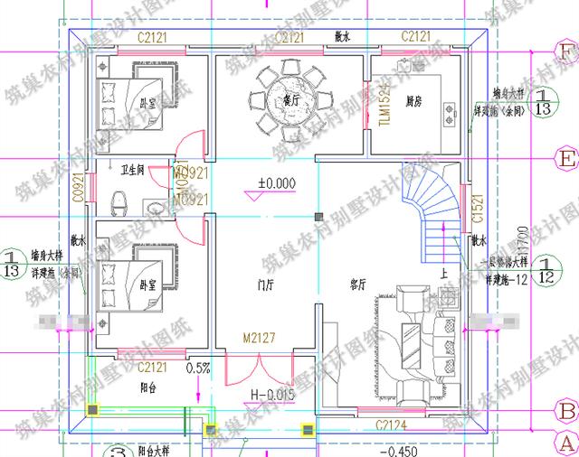 二層簡(jiǎn)歐風(fēng)格農(nóng)村小別墅全套施工設(shè)計(jì)圖，12×12米，帶挑空客廳