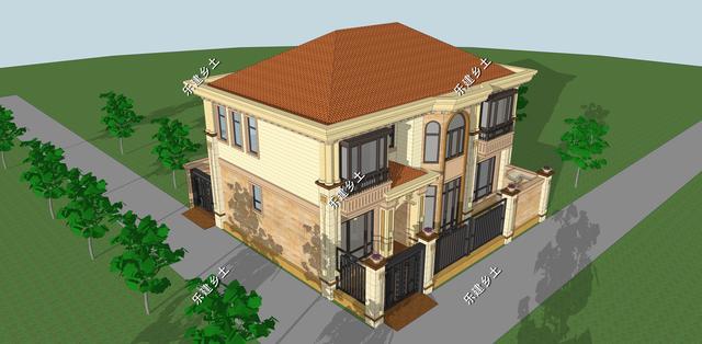 二層簡(jiǎn)歐別墅設(shè)計(jì)圖，別墅整體方正大氣，以暖色調(diào)為主，給人一種溫馨舒適的感覺(jué)