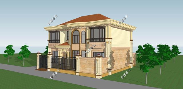 二層簡(jiǎn)歐別墅設(shè)計(jì)圖，別墅整體方正大氣，以暖色調(diào)為主，給人一種溫馨舒適的感覺(jué)