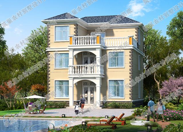 4廳9臥三層農(nóng)村別墅設(shè)計(jì)圖，戶型規(guī)整大氣，帶L型大露臺，滿足農(nóng)村大家庭居住需求。