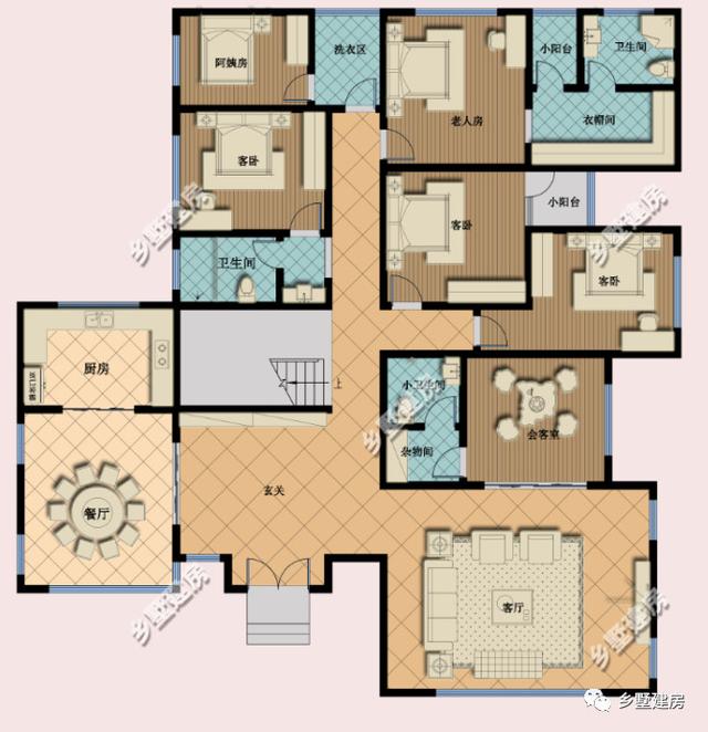 大面寬二層農(nóng)村自建房，19X19.7米，空間布局一樣緊湊，利用充分。