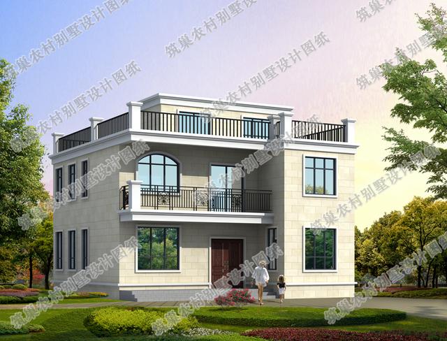 平頂二層農(nóng)村小別墅全套施工效果圖，外觀簡單大方，施工難度較低，適合農(nóng)村建房