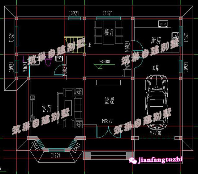 推薦一款戶型帶有車庫及堂屋設(shè)計(jì)，占地120平米左右的二層農(nóng)村別墅設(shè)計(jì)圖，不帶裝修，毛坯造價20萬以內(nèi)!