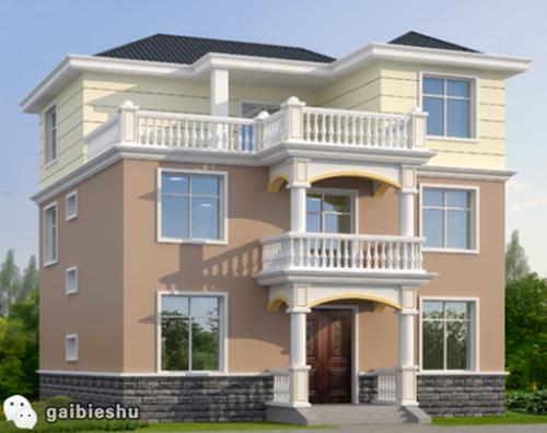 獨棟三層農(nóng)村自建別墅設(shè)計圖，別墅戶型設(shè)計簡單大氣，有陽臺、大露臺、主臥套房等功能，布局流暢。