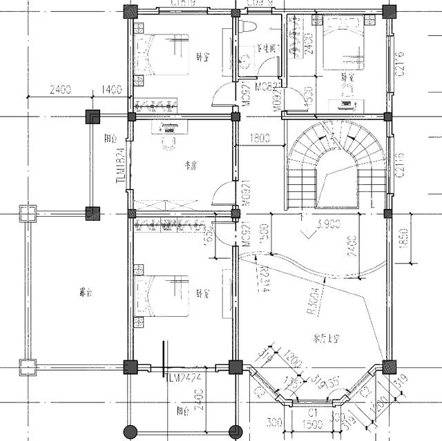 三層別墅設(shè)計(jì)圖，車庫(kù)+旋轉(zhuǎn)樓梯+挑空客廳+套間+多個(gè)落地窗，戶型美觀實(shí)用，視覺效果極佳。