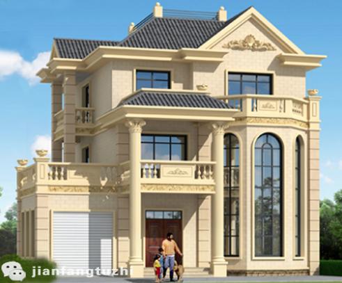 三層別墅設(shè)計(jì)圖，車庫(kù)+旋轉(zhuǎn)樓梯+挑空客廳+套間+多個(gè)落地窗，戶型美觀實(shí)用，視覺效果極佳。