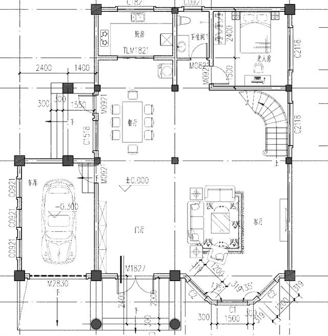 三層別墅設(shè)計(jì)圖，車庫(kù)+旋轉(zhuǎn)樓梯+挑空客廳+套間+多個(gè)落地窗，戶型美觀實(shí)用，視覺效果極佳。