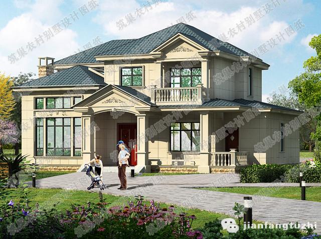 二層豪華套房農(nóng)村別墅設(shè)計(jì)圖，設(shè)計(jì)精美獨(dú)特，屋頂富有層次感，讓主人盡享現(xiàn)代高品質(zhì)生活。