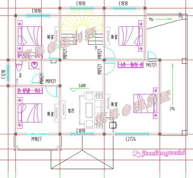 開間進深15x12米半旋轉樓梯二層農(nóng)村自建別墅設計圖，造價經(jīng)濟，居住舒適