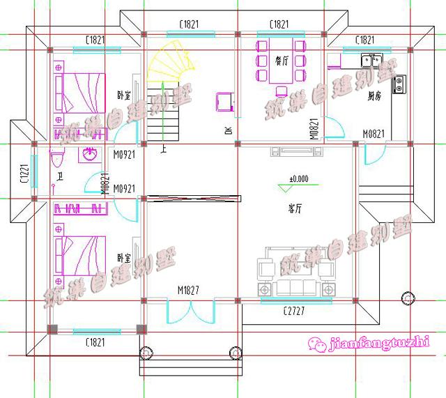 開間進深15x12米半旋轉樓梯二層農(nóng)村自建別墅設計圖，造價經(jīng)濟，居住舒適